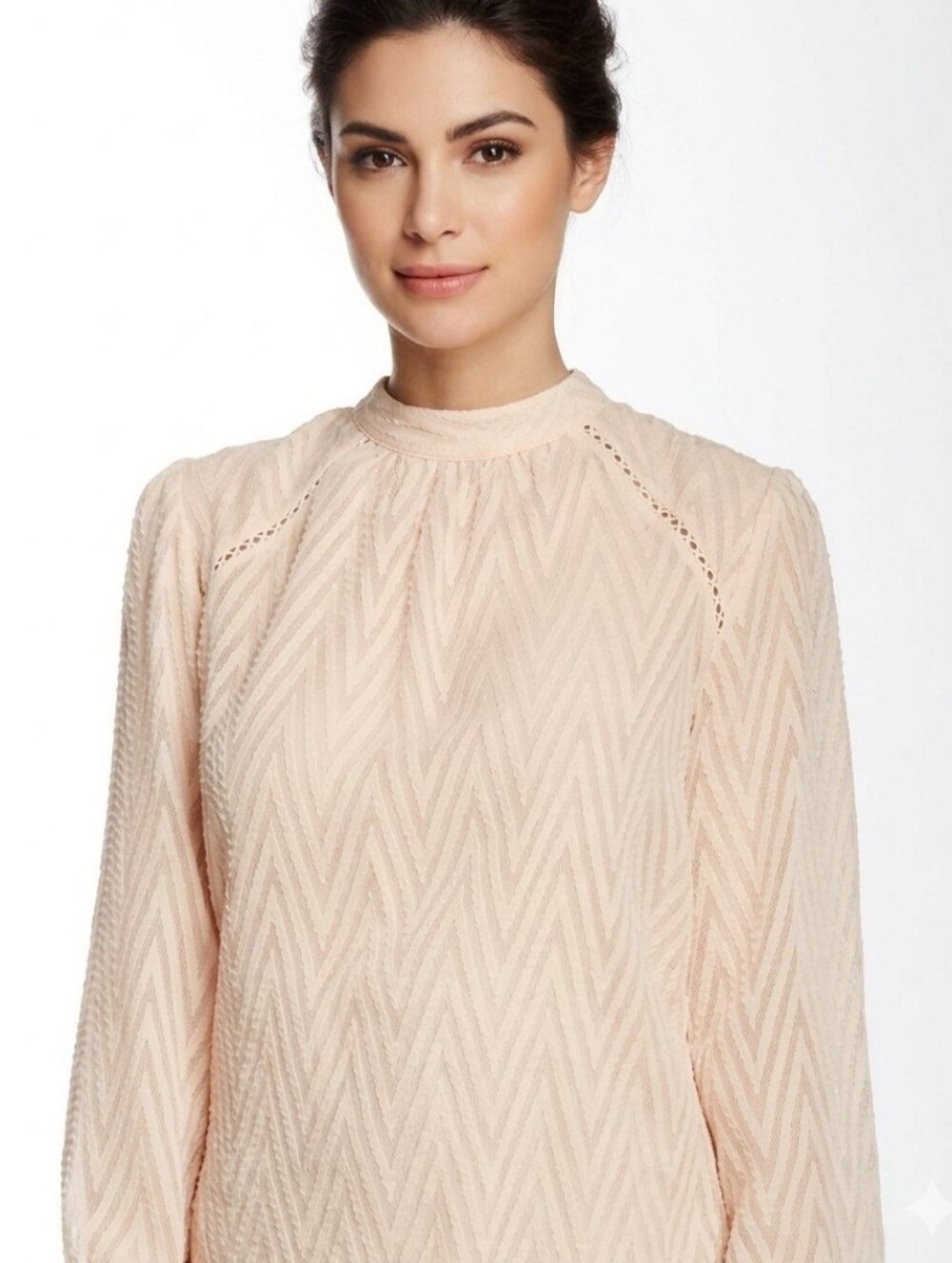 FREE PEOPLE After Midnight Mock Neck Apricot Textured Long Sleeve Sheer Blouse